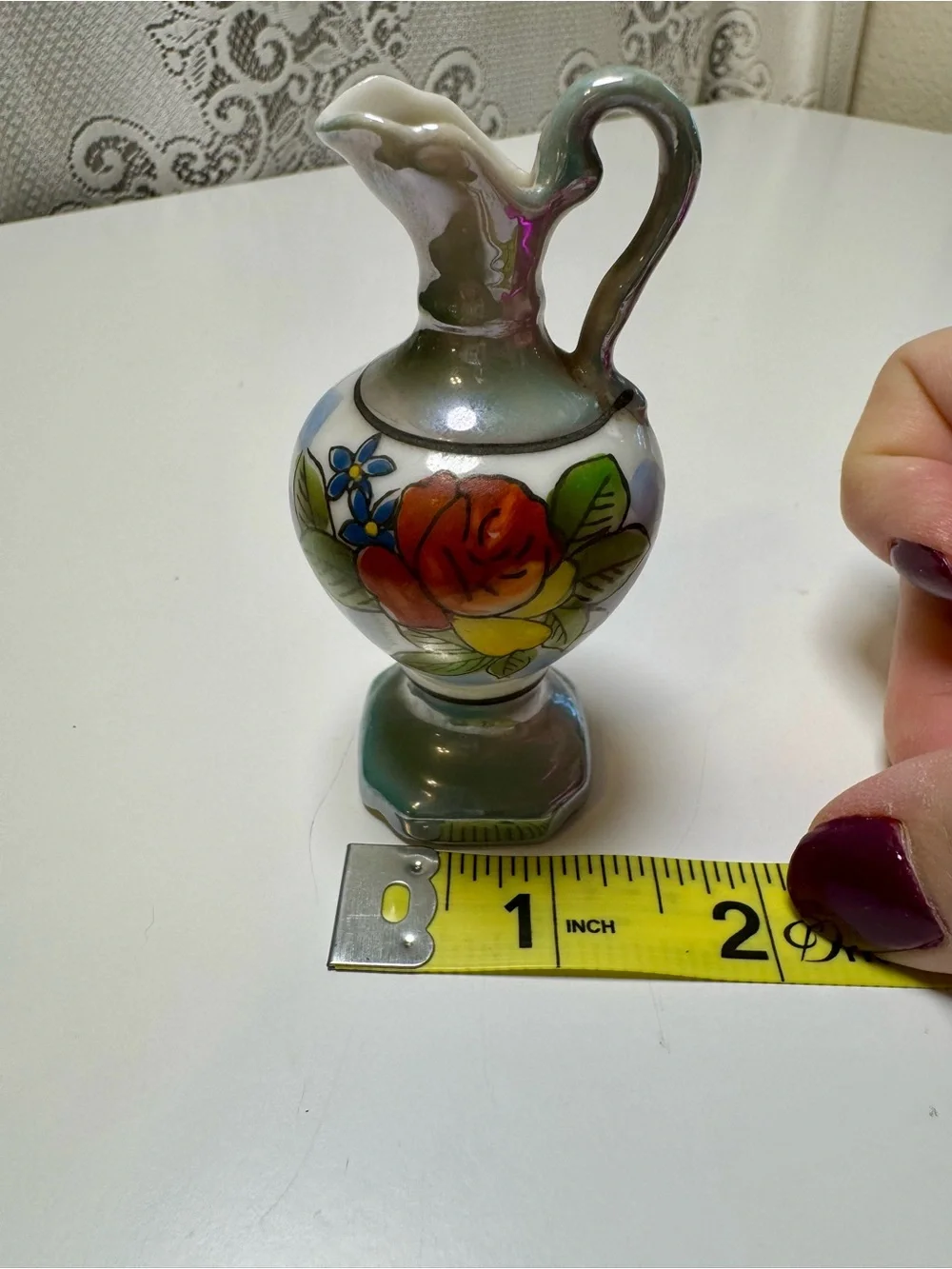 Vintage Hand-Painted Ceramic Pitcher Vase with Floral Motifh/ Made in Japan